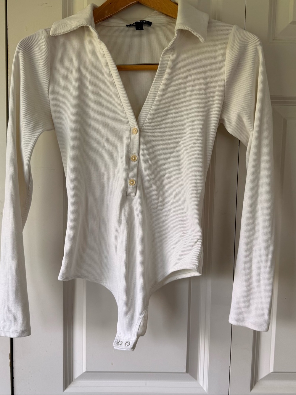 Express White Long Sleeve Ribbed Collared Bodysuit